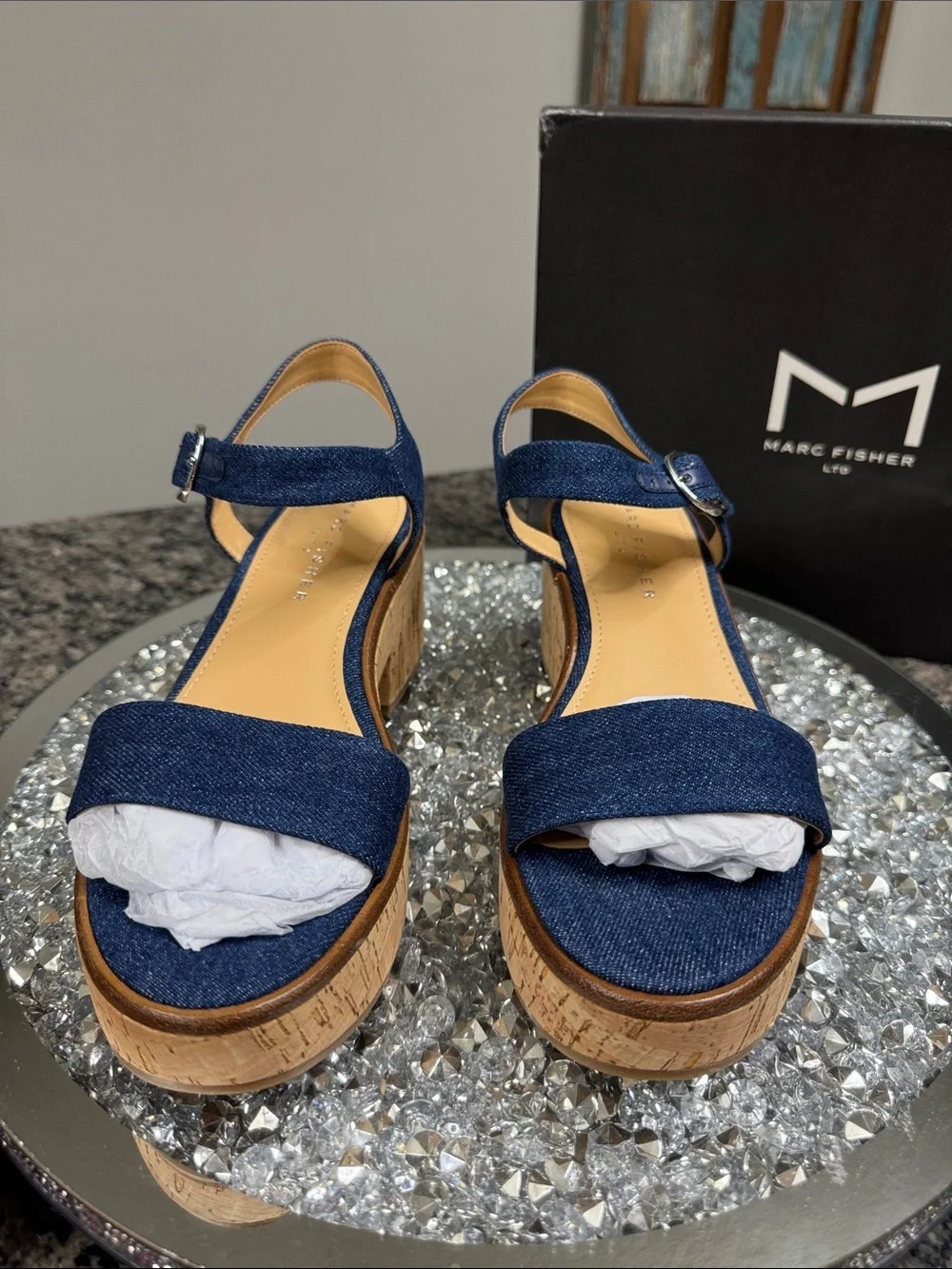 Marc Fisher Quessa Blue Denim Cork Platform Sandal NEW 9